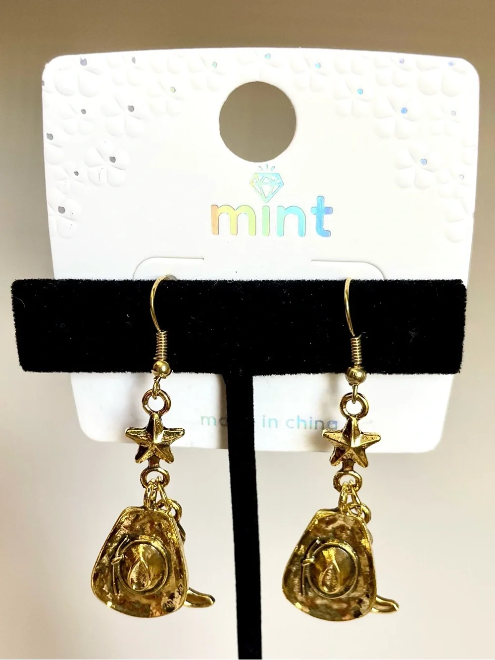 Mint Western Cowgirl Rodeo Dangle Earrings Gold Hat Boot Southwestern Country